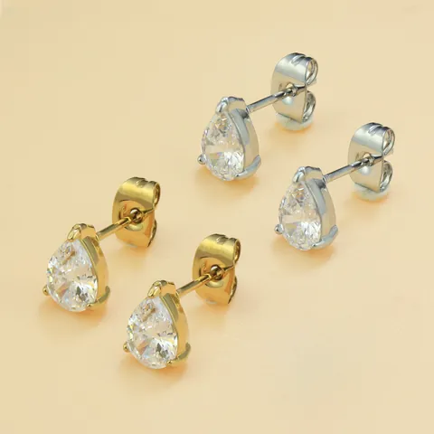 Titaniumstaal Waterdruppel Zirconia Oorknopjes Voor Vrouwen 18K Verguld Klauwzetting Peervorm Zirconia Vlindersluiting Oorbellen Sieraden