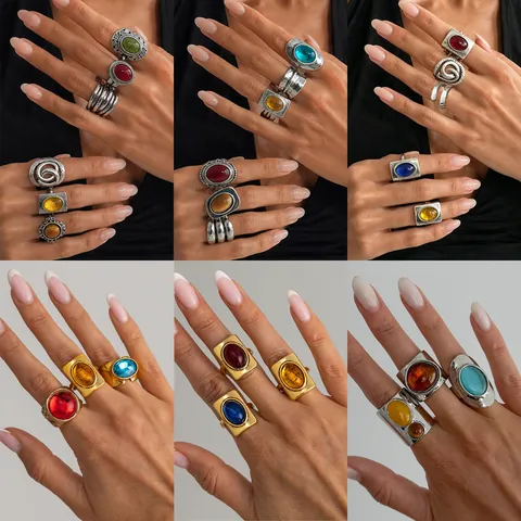 French Vintage Square Resin Gemstone Rings For Women Distressed Floral Carved Irregular Rings Bohemian Jewelry Finger Rings