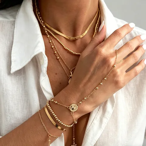 Conjunto de Joyería de Moda Multicapa Cadena de Serpiente Cruz Colgante Moneda Pulsera de Anillo y Collar Oro Plata Aleación Strass Mujer
