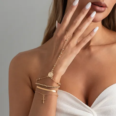 Conjunto de Joyería de Moda Multicapa Cadena de Serpiente Cruz Colgante Moneda Pulsera de Anillo y Collar Oro Plata Aleación Strass Mujer
