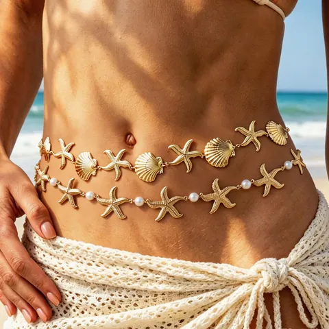 Bohemian Starfish Scallop Spliced Waist Chain For Women Beach Vacation Metal Body Chain Artificial Pearl Decorative Belt Jewelry