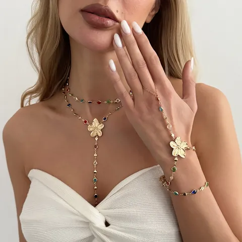 Juego de Collar en Y con Colgante de Flor de Aleación de Zinc y Pulsera de Cadena con Diamantes de Imitación Coloridos