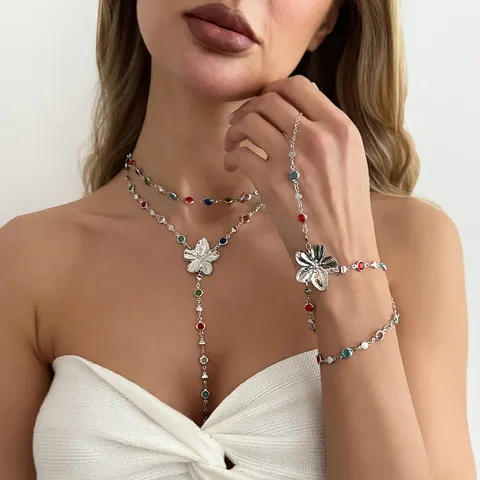 Juego de Collar en Y con Colgante de Flor de Aleación de Zinc y Pulsera de Cadena con Diamantes de Imitación Coloridos