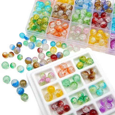Perles en Verre Craquelé Multicolores Perles en Vrac Rondes Perles en Cristal Explosé pour Collier Bracelet Fabrication de Bijoux