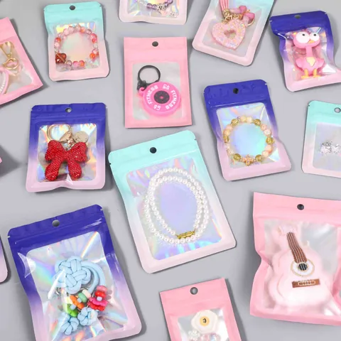 Holographic Color Jewelry Packaging Bags With Transparent Window Laser Sealing Plastic Ziplock Bags For Small Gifts Jewelry Accessories Storage