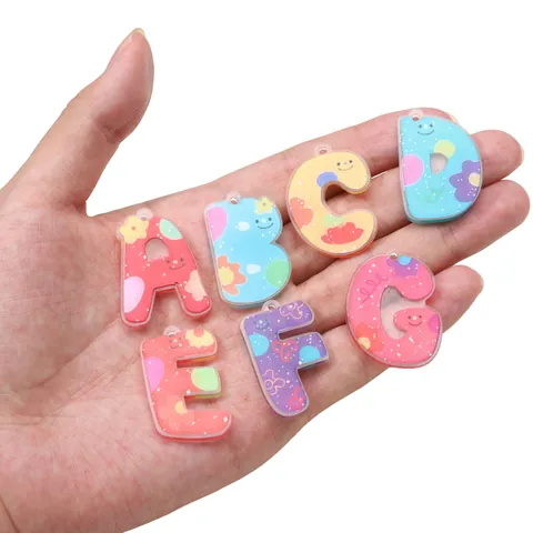Acryl Bunte Bedruckte Alphabet Buchstaben Anhänger DIY Schlüsselanhänger Schmuckherstellung Zubehör Smiley Gesicht Blumenmuster