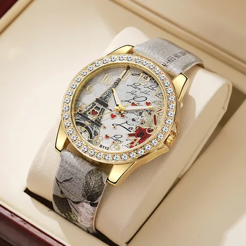 Reloj de Cuarzo para Mujer Moda Dial con Estampado Torre Eiffel Bisel de Strass Correa de Cuero Patrón Serpiente