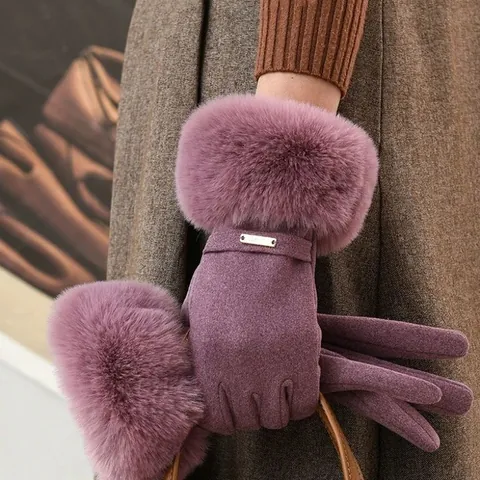 Gants d'Hiver Chauds pour Femmes en Daim Synthétique Doublés Polaire Écran Tactile Avec Bordure en Fourrure Peluche pour Conduite en Plein Air