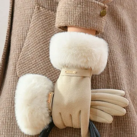 Gants d'Hiver Chauds pour Femmes en Daim Synthétique Doublés Polaire Écran Tactile Avec Bordure en Fourrure Peluche pour Conduite en Plein Air