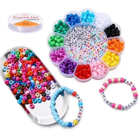 DIY Jewelry Making Kit 12 Grids Plum Blossom Box Plastic Pony Beads Letter Beads Elastic Cord Bracelet Material Package