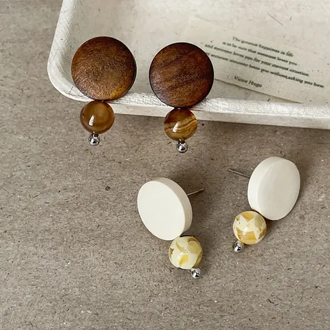 Retro Wooden Natural Stone Stud Earrings For Women Niche Design Geometric Wood Stone Earrings With Silver Earring Post Jewelry Gift