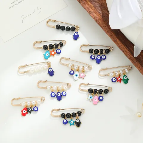 Ethnic Evil Eye Hamsa Hand Star Brooches For Women Gold Plated Iron Safety Pin Artificial Pearl Enamel Brooch Jewelry