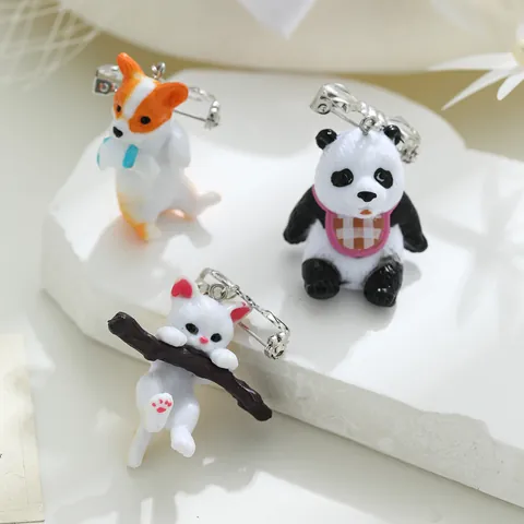 Schattige 3D Hars Dier Brosche Panda Kat Corgi Hond Figuur Tashanger Strik Legering Pin Brosches Voor Vrouwen Kinderen Sieraden