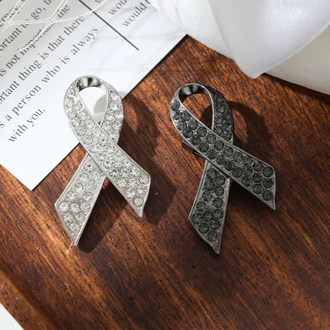 Memorial Awareness Ribbon Brooch Pin Alloy Rhinestone Black Enamel Ribbon Lapel Pin For Funeral Commemoration Badge Unisex Jewelry