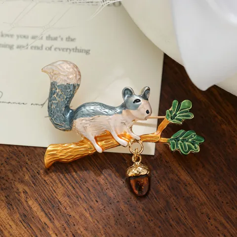 Cute Squirrel And Pinecone Enamel Brooch Pin Alloy Animal Lapel Pin Nature Inspired Clothing Accessories For Women Girls