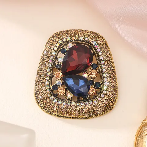 Vintage Luxury Alloy Crystal Rhinestone Brooch For Women Red Blue Pear Shaped Geometric Corset Pin Suit Accessories