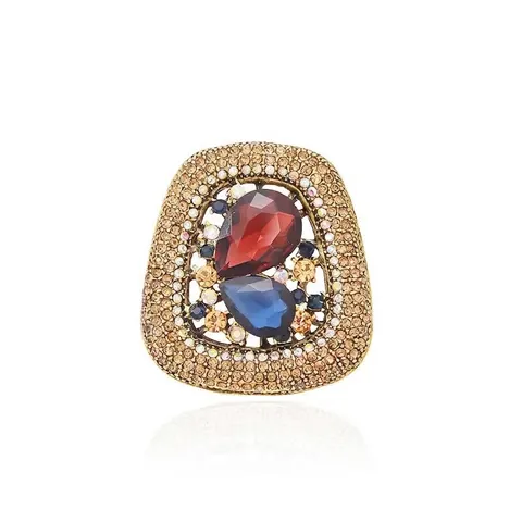 Vintage Luxury Alloy Crystal Rhinestone Brooch For Women Red Blue Pear Shaped Geometric Corset Pin Suit Accessories