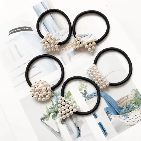 Korean Style Alloy Artificial Pearl Rhinestone Hair Tie Elegant Geometric Bow Knot Elastic Hair Band For Women Jewelry