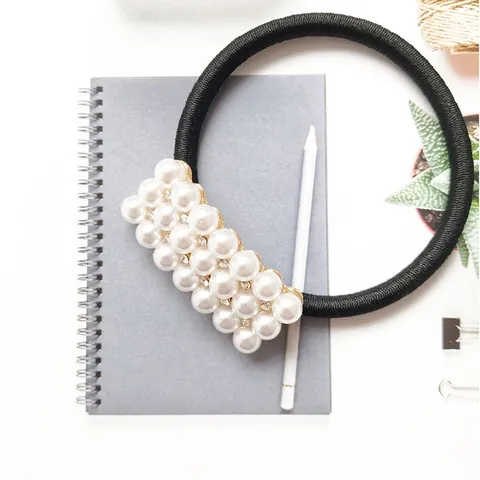 Korean Style Alloy Artificial Pearl Rhinestone Hair Tie Elegant Geometric Bow Knot Elastic Hair Band For Women Jewelry