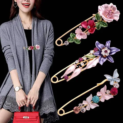 Eleganter Legierung Blumen Schmetterling Brosche Strass Emaille Große Sicherheitsnadel Anti-Expositions Schal Clip Damen Schmuck
