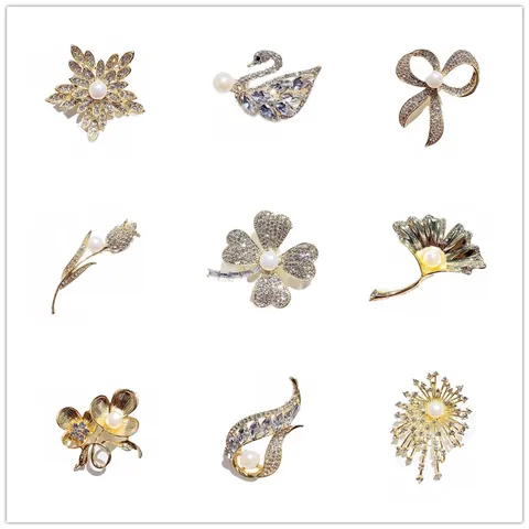Freshwater Pearl Rhinestone Brooch Alloy Flower Swan Butterfly Bow Knot Pin Jewelry For Women Clothing Accessories