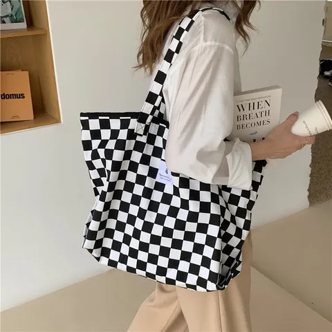 Bolso Chic De Lona Con Tablero De Ajedrez Para Mujer Gran Capacidad Bolso De Hombro Con Rejilla Blanca Y Negra Bolso De Mano Para Estudiante Casual