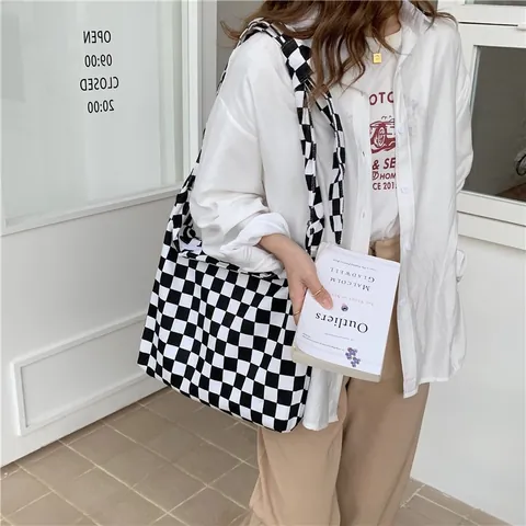 Bolso Chic De Lona Con Tablero De Ajedrez Para Mujer Gran Capacidad Bolso De Hombro Con Rejilla Blanca Y Negra Bolso De Mano Para Estudiante Casual