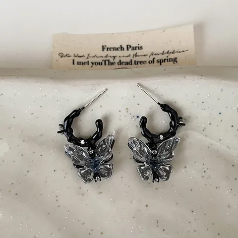Dark Cool Liquid Metal Style Resin Butterfly Stud Earrings For Women With 925 Sterling Silver Earring Post Rhinestone Inlaid Fashion Jewelry