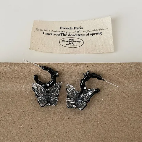 Dark Cool Liquid Metal Style Resin Butterfly Stud Earrings For Women With 925 Sterling Silver Earring Post Rhinestone Inlaid Fashion Jewelry