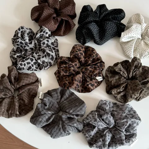 Korean Style Leopard Print Star Fabric Scrunchies For Women Retro Brown Gray Polka Dot Large Hair Ties Elastic Ponytail Holder Accessories