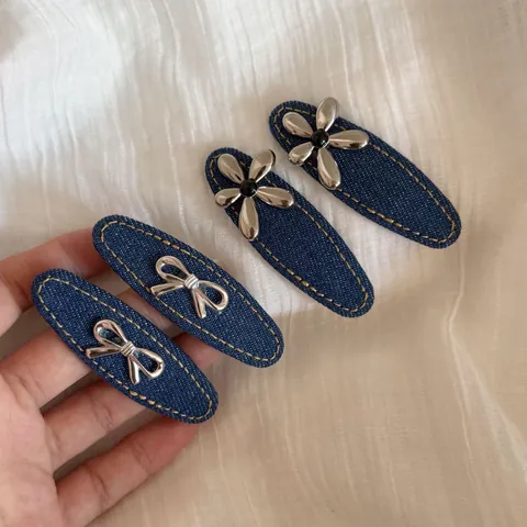 Korean Style Denim Blue Hair Clip Silver Irregular Flower Bow Decor Fabric BB Side Clip Bangs Accessory For Women