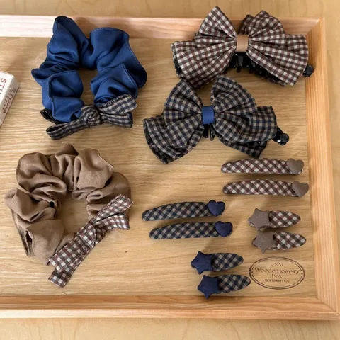 Retro Plaid Hair Clip Coffee Blue Bow Scrunchie Mori Style Heart Star Banana Clip Women Vintage Hairpin Accessories