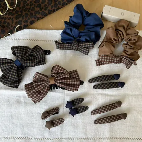 Retro Plaid Hair Clip Coffee Blue Bow Scrunchie Mori Style Heart Star Banana Clip Women Vintage Hairpin Accessories