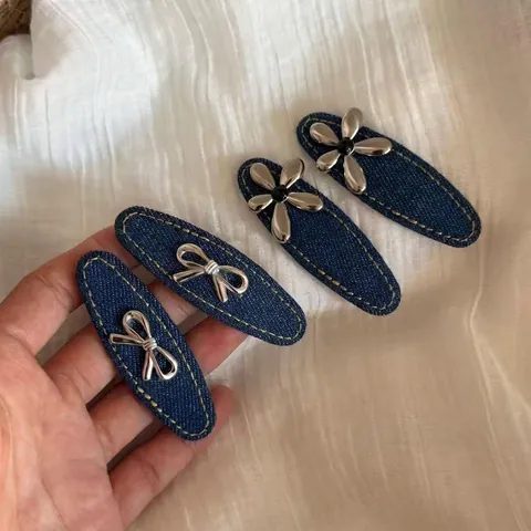 Korean Style Denim Blue Hair Clip Silver Irregular Flower Bow Decor Fabric BB Side Clip Bangs Accessory For Women