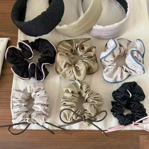 Korean Style Polka Dot Scrunchie Ruffle Headband With Leather Bow Sweet Pleated Hair Ties Fashion Hair Accessories For Women