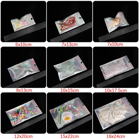 Holographic Laser PET Aluminum Foil Ziplock Bag For Jewelry DIY Packaging Resealable Plastic Bag With Hanging Hole