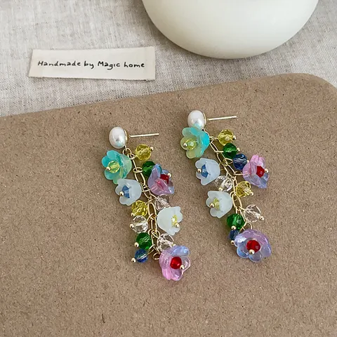 Multicolor Metal Resin Lily Of Valley Tassel Earrings 925 Sterling Silver Post Artificial Pearl Rhinestone Sweet Jewelry