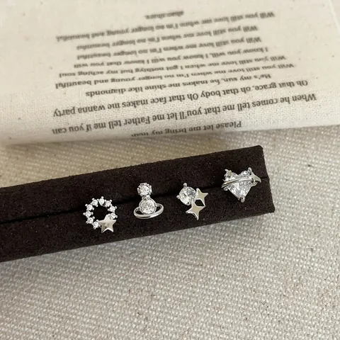 Women Simple Small Zirconia Heart Planet Star Stud Earring Set Elegant Fashion Commute Alloy Rhinestone Earrings With Silver Post