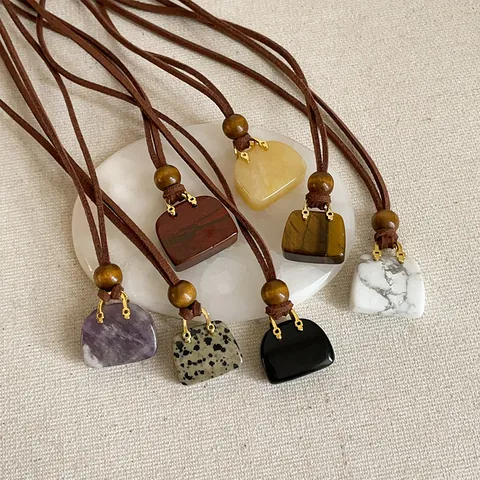 Designer Tasche Geformt Naturstein Anhänger Halskette Für Damen Retro Tigerauge Amethyst Vergoldet Lange Schnur Pullover Kette Schmuck Geschenk