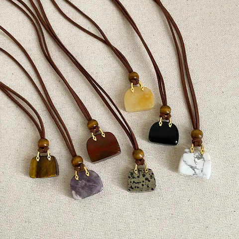 Designer Tasche Geformt Naturstein Anhänger Halskette Für Damen Retro Tigerauge Amethyst Vergoldet Lange Schnur Pullover Kette Schmuck Geschenk