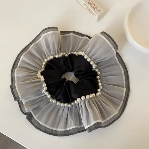 Oversized Grey Organza Pearl Scrunchie Fashion Large Skirt Design Unique Hair Tie Elegant Headwear Accessory For Women