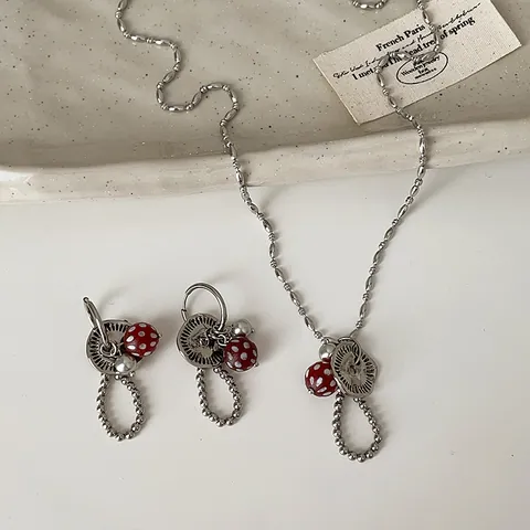 Retro Legering Kunstparel Paddenstoel Knoop Hanger Ketting Oorbellen Voor Vrouwen Gepersonaliseerde Vintage Mode Sieraden