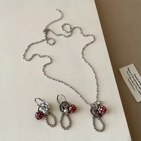 Retro Legering Kunstparel Paddenstoel Knoop Hanger Ketting Oorbellen Voor Vrouwen Gepersonaliseerde Vintage Mode Sieraden
