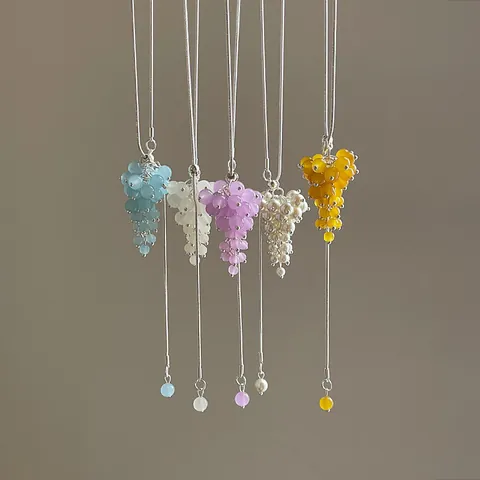 Korean Style Colorful Crystal Grape Cluster Pendant Necklace For Women Titanium Steel Adjustable Slider Snake Chain Long Clavicle Necklace Fashion Fruit Jewelry