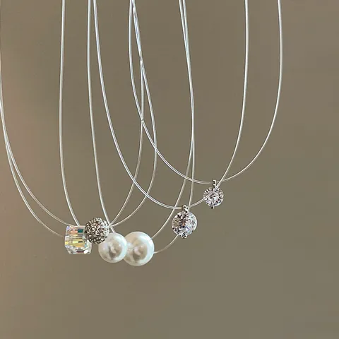 Minimalist Invisible Fishing Line Necklace For Women Cubic Zirconia Artificial Pearl Pendant Clavicle Chain Versatile Temperament Fashion Neck Chain