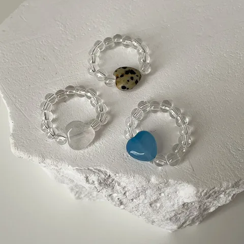 Natural Stone Dalmatian Jasper Crystal Heart Beaded Elastic Ring For Women Trendy Stretch Finger Ring Minimalist Jewelry