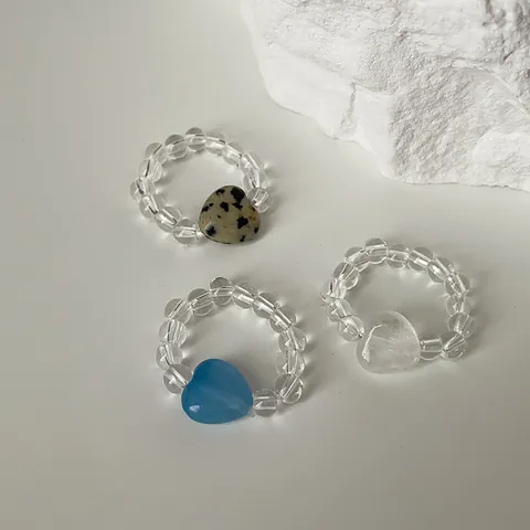 Natural Stone Dalmatian Jasper Crystal Heart Beaded Elastic Ring For Women Trendy Stretch Finger Ring Minimalist Jewelry
