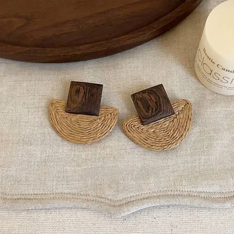 Vintage Bohemian Geometric Wood Rattan Stitching Stud Earrings For Women Natural Wood Square Semicircle Handwoven Jewelry