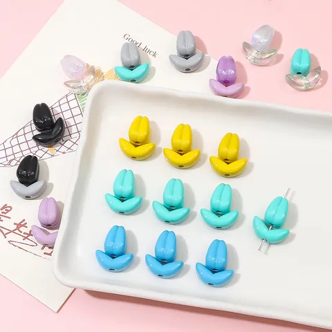 Acrylic Tulip Flower Beads Leaf Spacer Beads Iridescent Transparent Beads For DIY Bracelet Necklace Jewelry Making Supplies