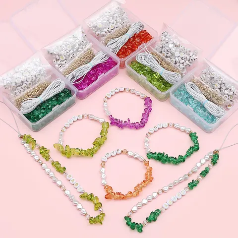 Boxed Glas Kies Handy Kette DIY Set Alphabet Perlen Metall Abstandshalter Handgemachte Schmuckherstellung Kit Für Handy Gurt Armbänder